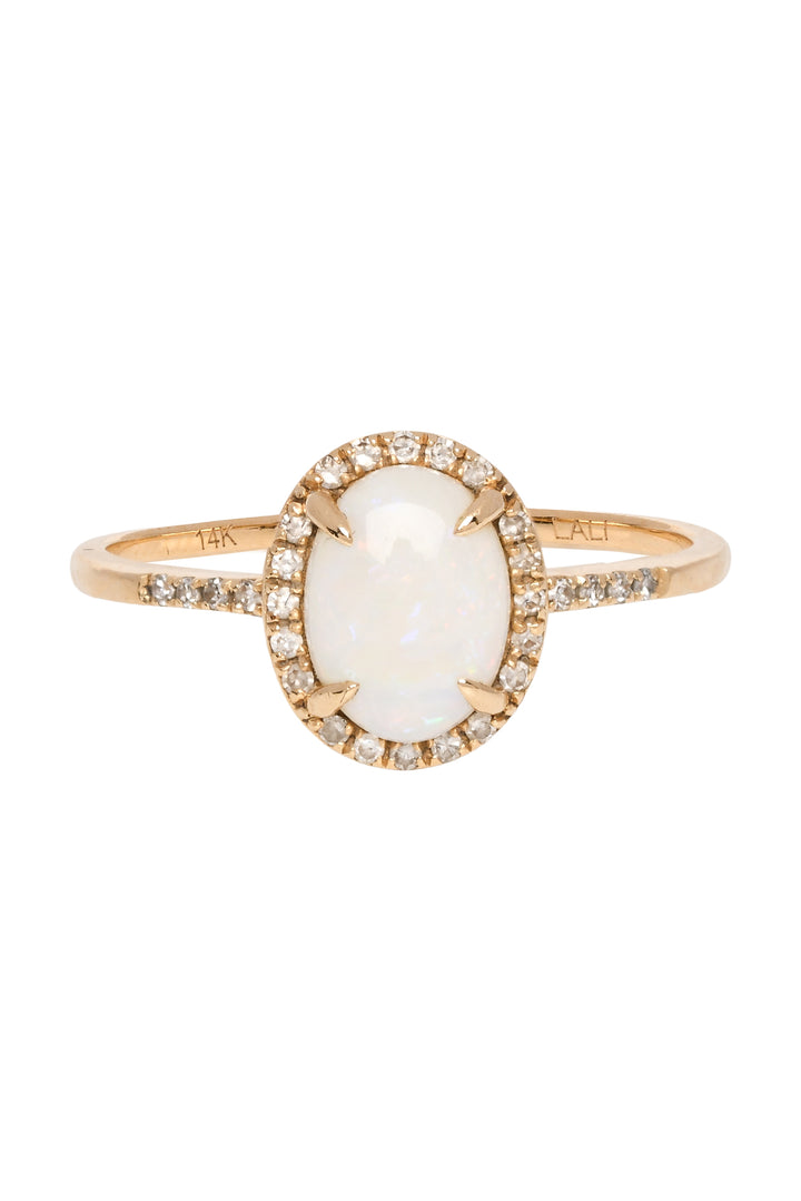 Lali Size 7 14K Yellow Gold Diamond Halo Opal Ring