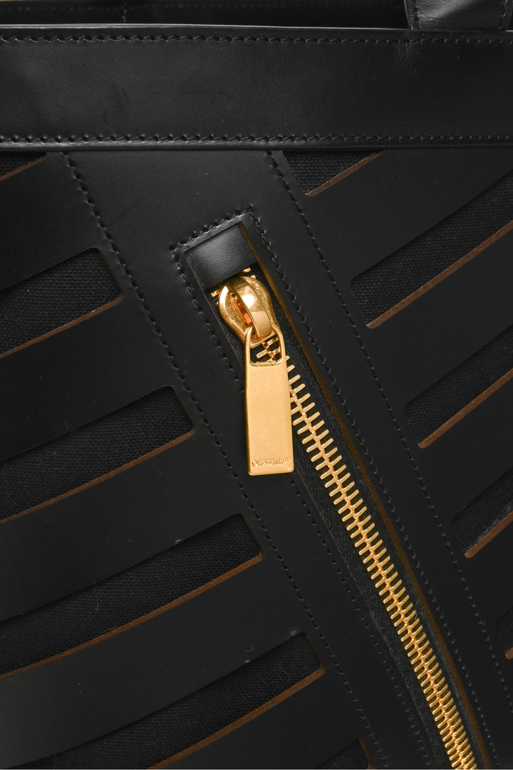 Off White Diagonal Cutout Leather & Canvas Tote