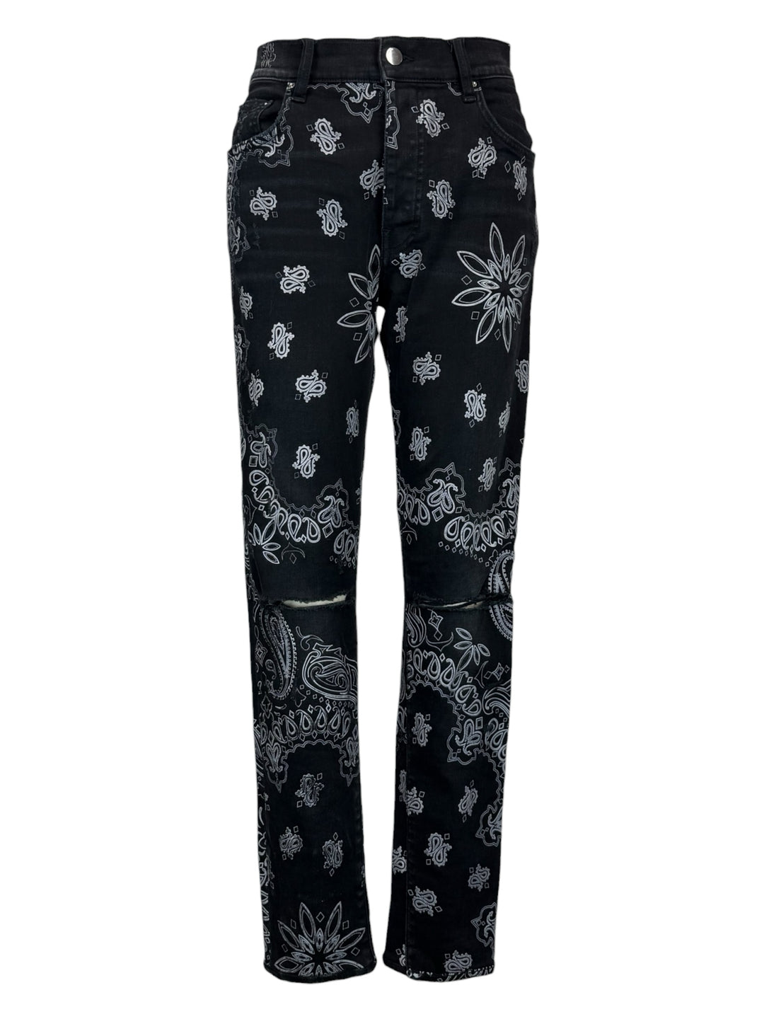 Amiri Size 33 Men's Distressed Flocked Paisley Bandana Denim Jeans