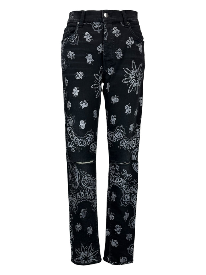 Amiri Size 33 Men's Distressed Flocked Paisley Bandana Denim Jeans