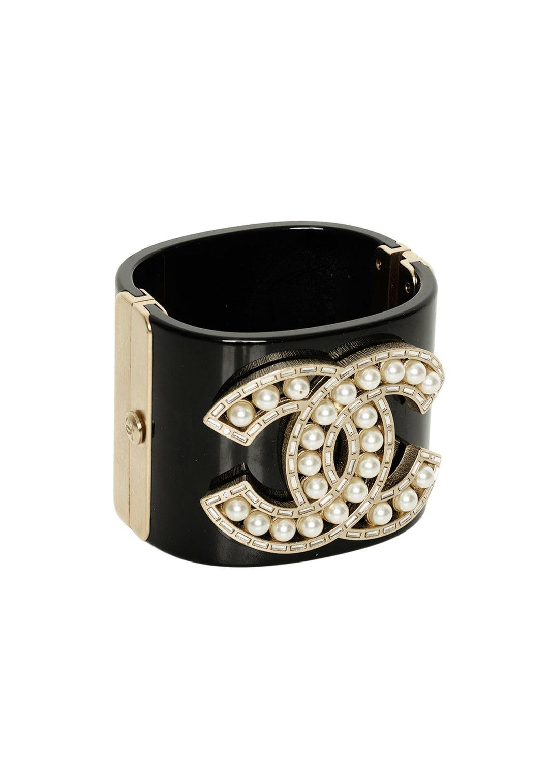 Chanel Resin Baguette Crystal Pearl CC Cuff Bracelet