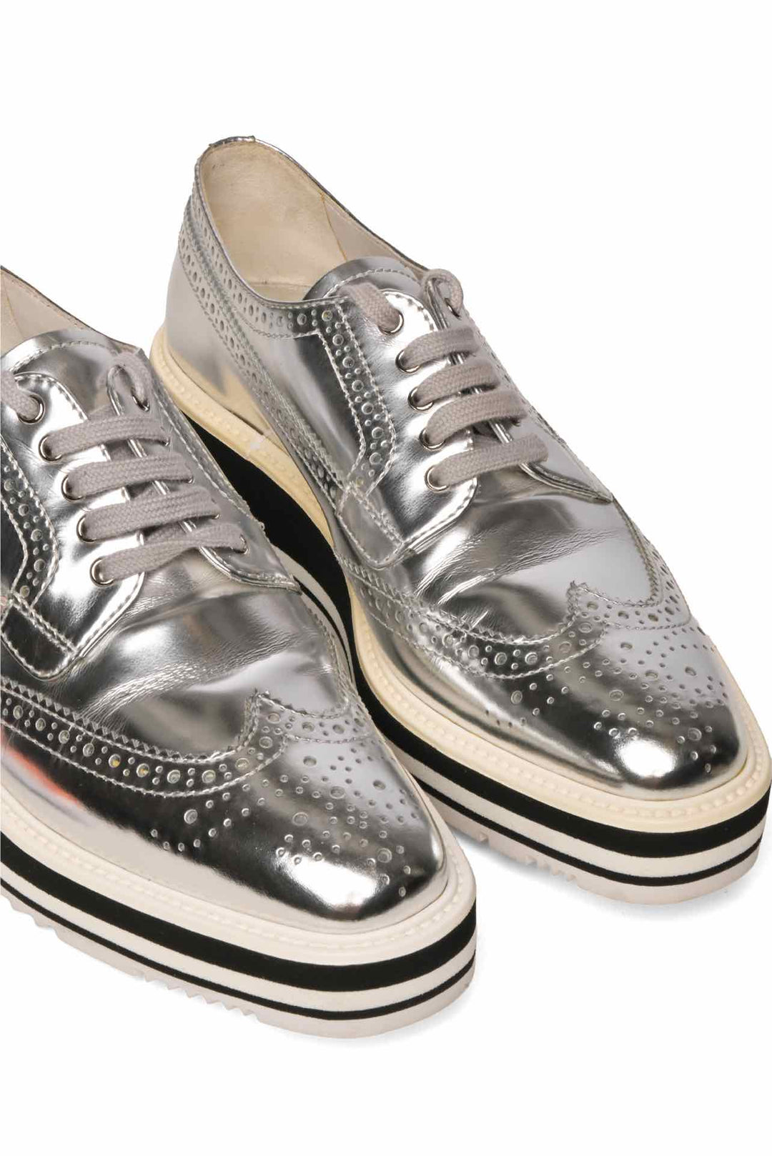 Prada Metallic Leather Brogue Oxford Flats