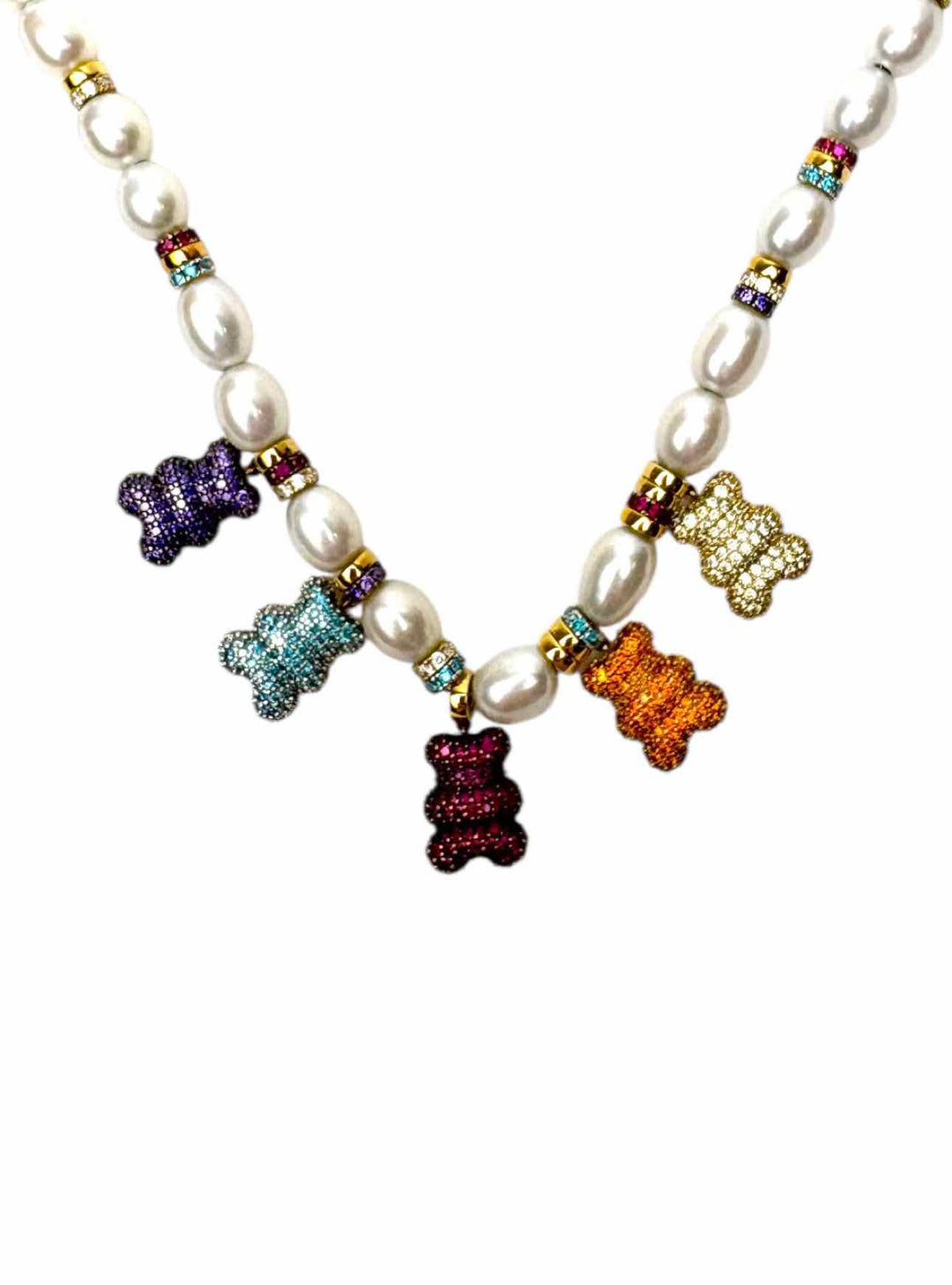 Apm Pearl & Crystal Bear Bead Necklace