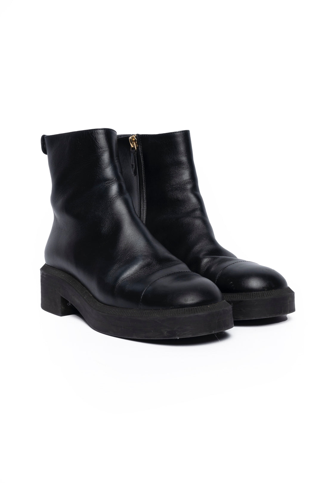 Chanel Size 38.5 Leather Logo Ankle Boots