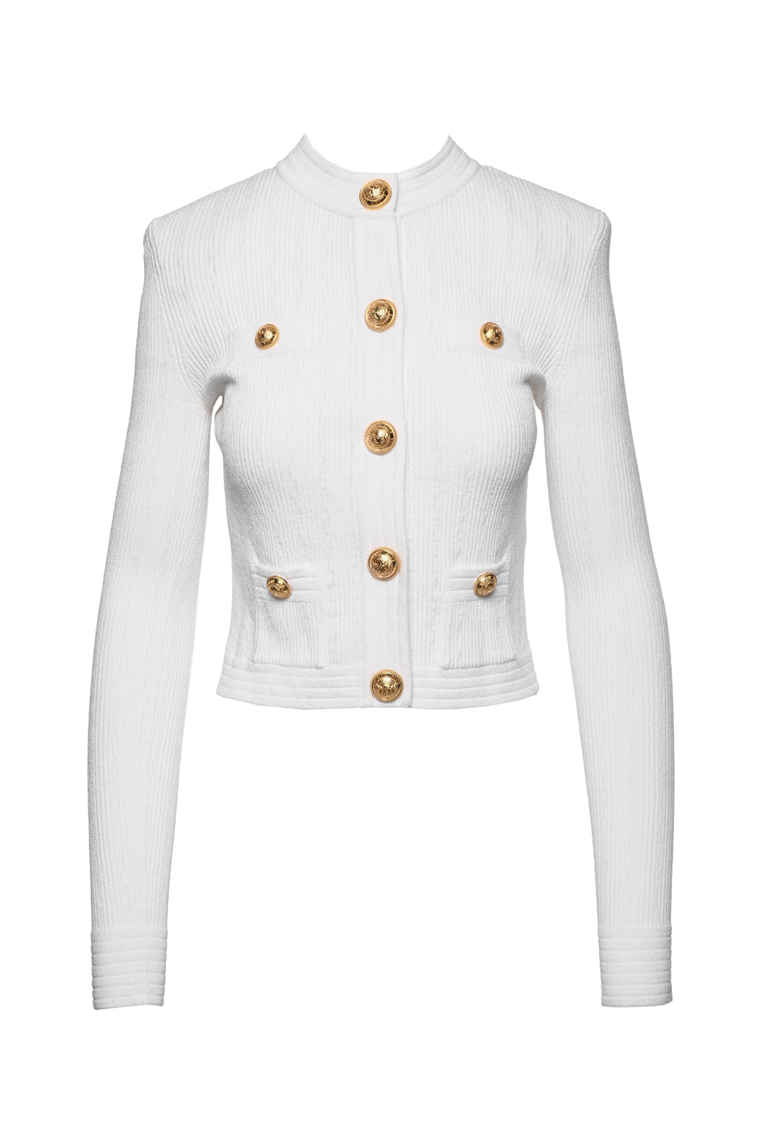 Balmain Size 36 Four Pocket Pointelle Rib Knit Cardigan