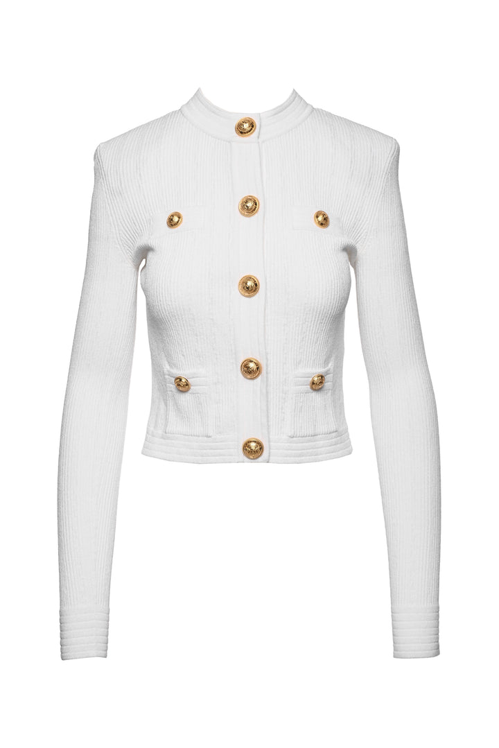 Balmain Size 36 Four Pocket Pointelle Rib Knit Cardigan