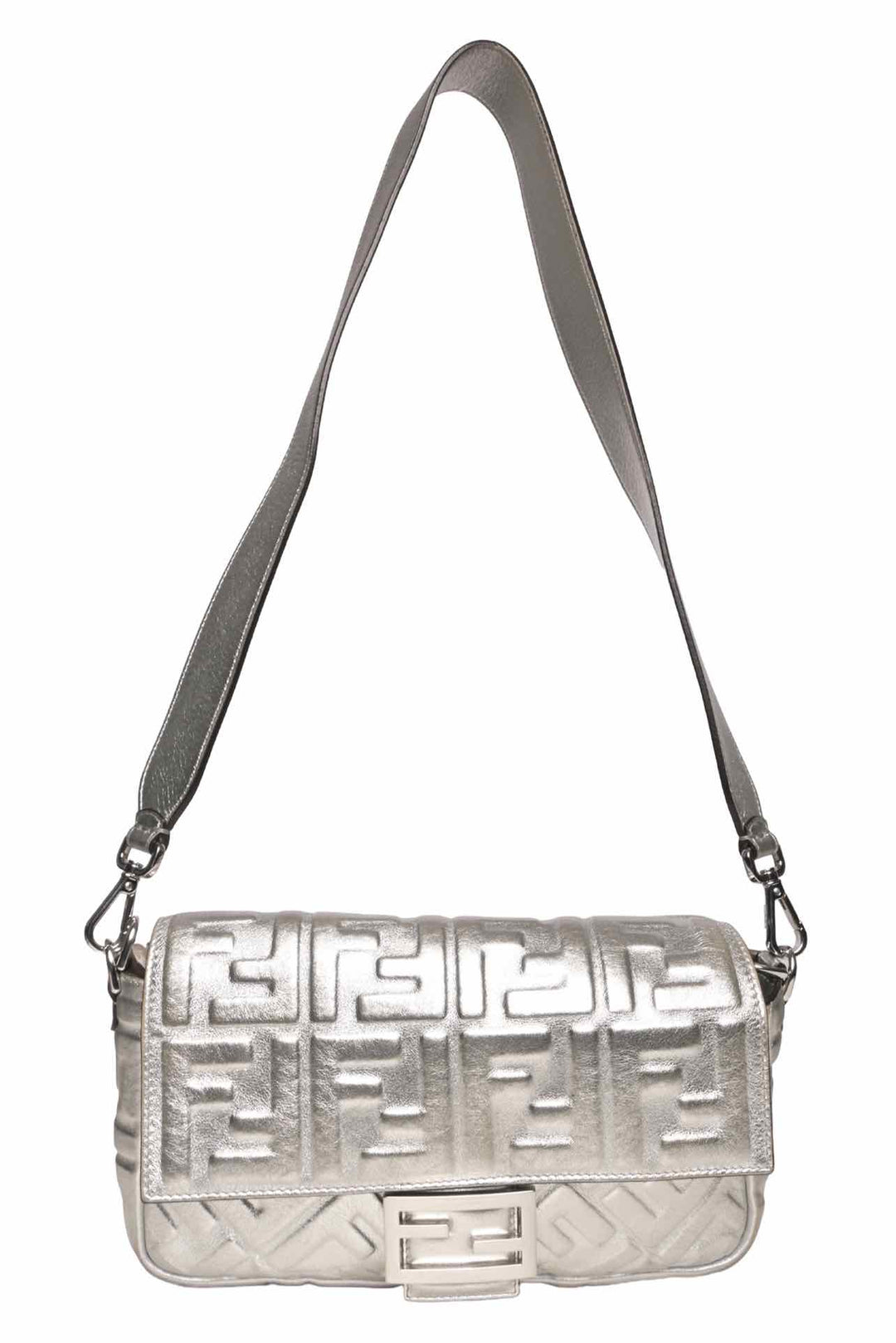 Fendi Metallic Silver Embossed Baguette Crossbody