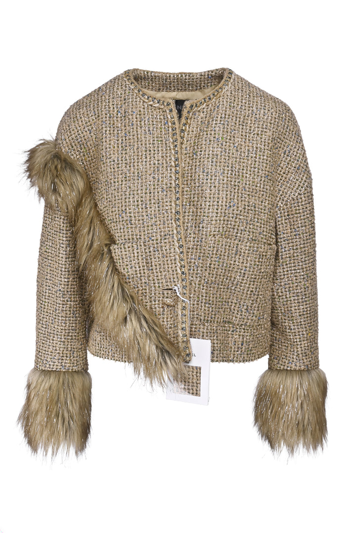 Chanel Size 40 2021 Faux Fur & Tweed Cropped Jacket