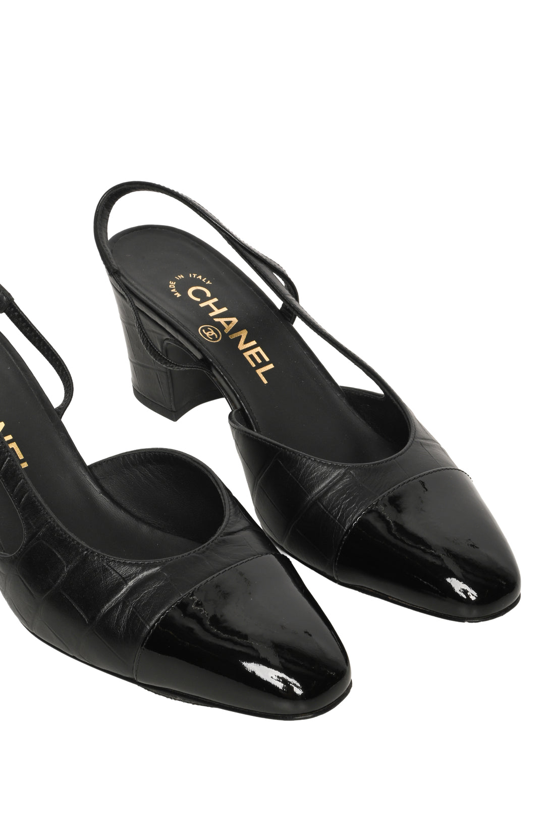 Chanel Size 37 Croc Embossed Patent Cap Toe CC Slingback  Pumps