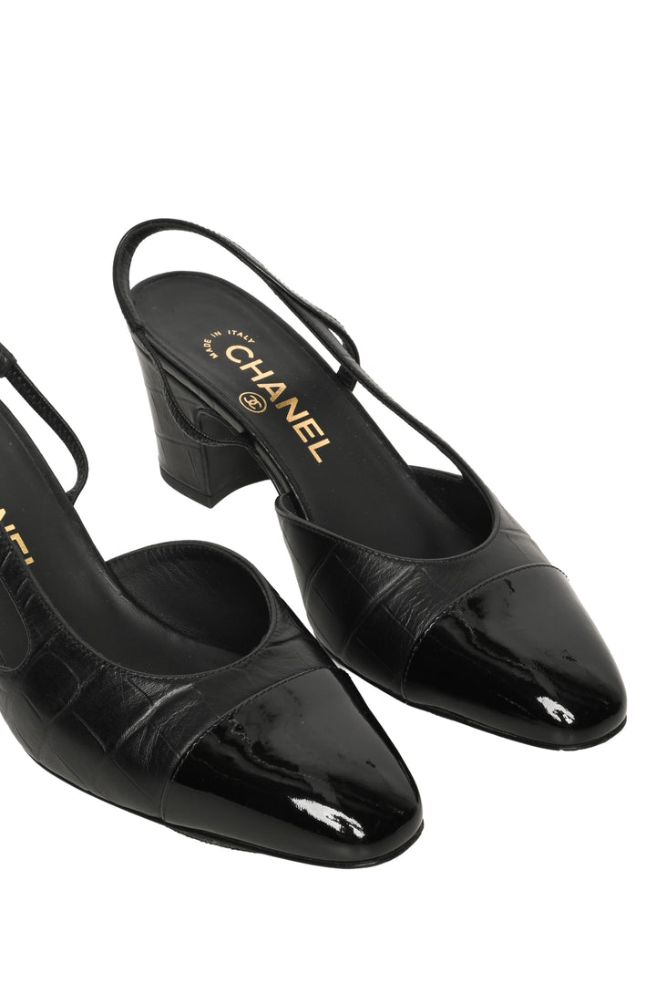 Chanel Size 37 Croc Embossed Patent Cap Toe CC Slingback  Pumps