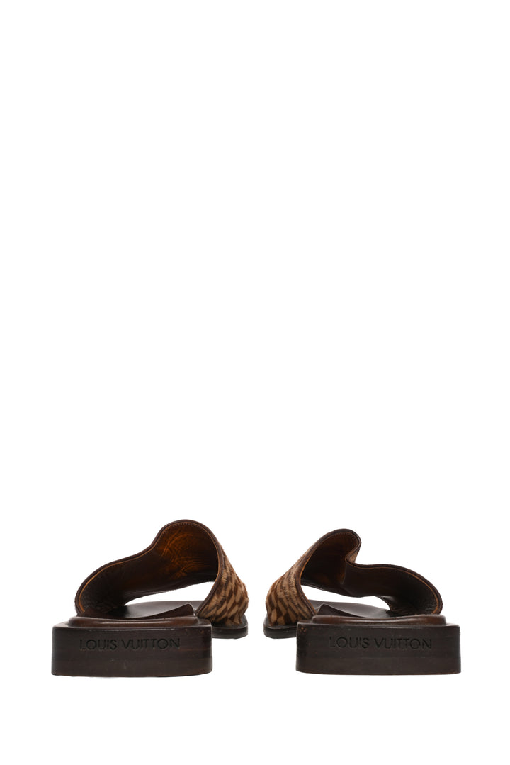 Louis Vuitton Size 8.5 Damier Ebene Print Calf Hair Slide Sandals