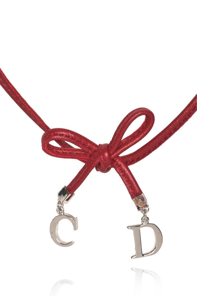 Christian Dior Logo Charm Leather Bow Choker Necklace