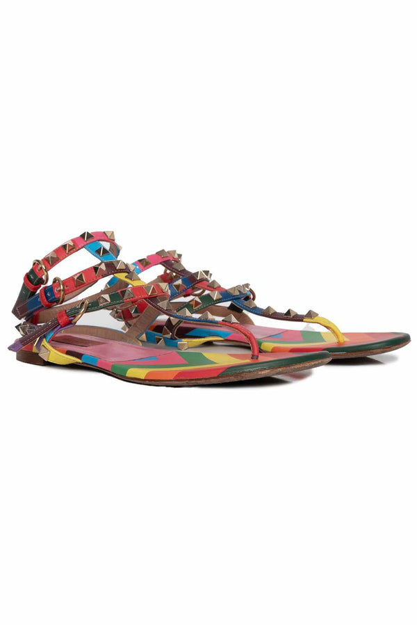 Valentino Size 36 Rainbow Rockstud Caged Flat Sandals