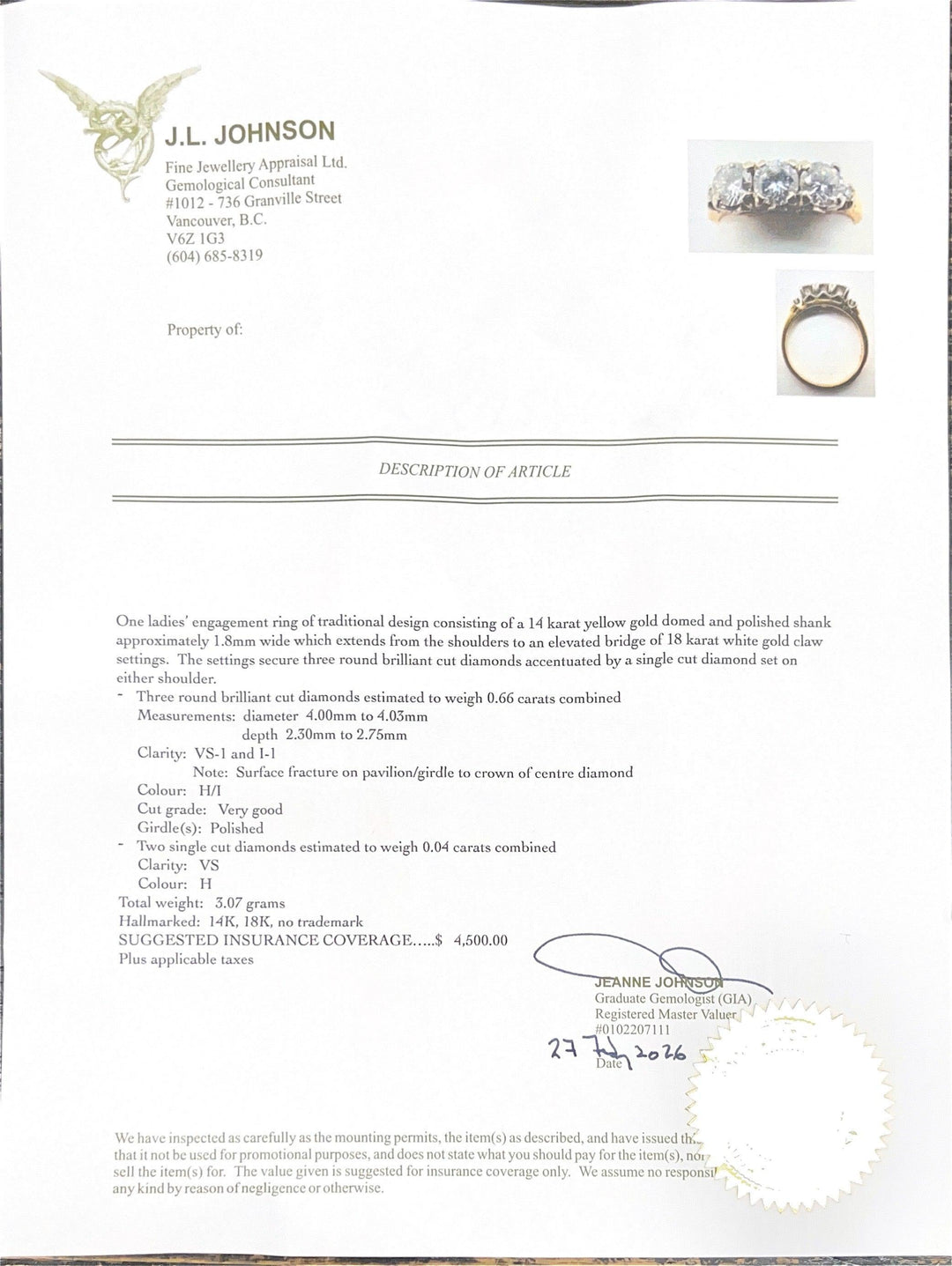 14K Yellow Gold & 18K White Gold Trio Diamond Size 6.5 Ring