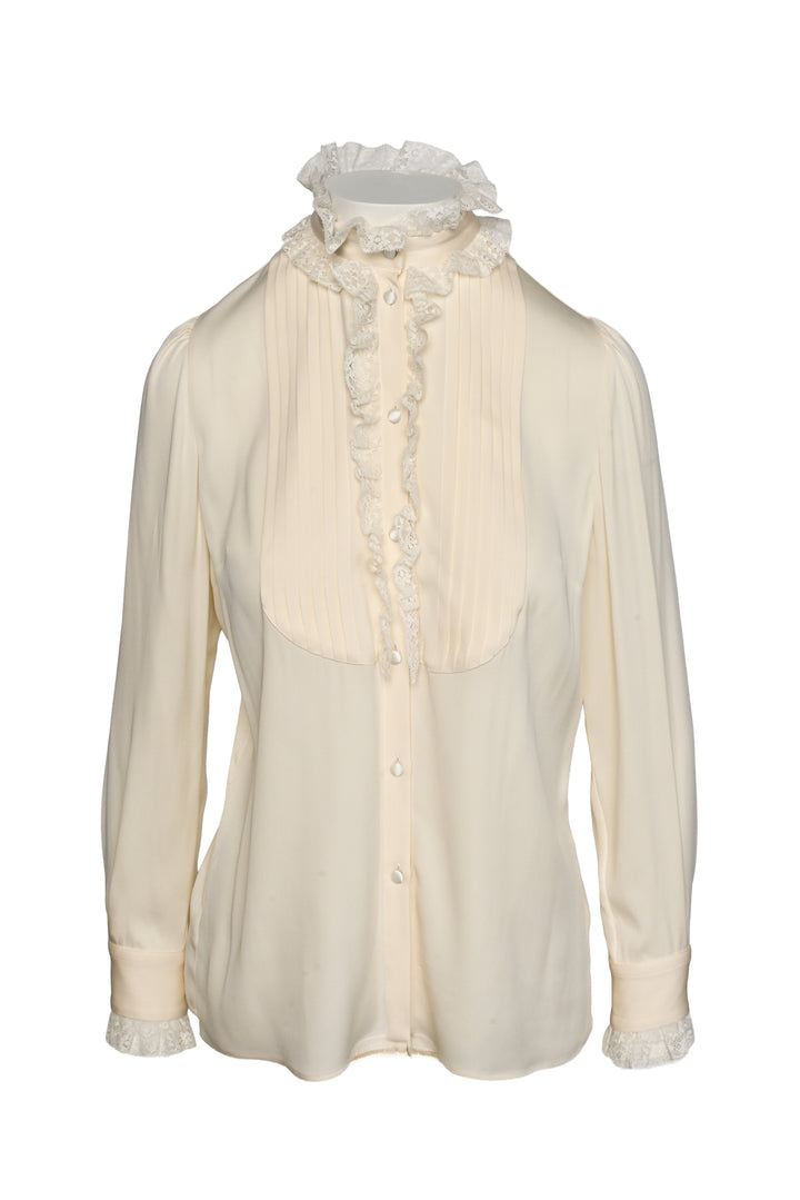 Dolce & Gabbana Size 6 Lace Trim Ruffled Sheer Blouse