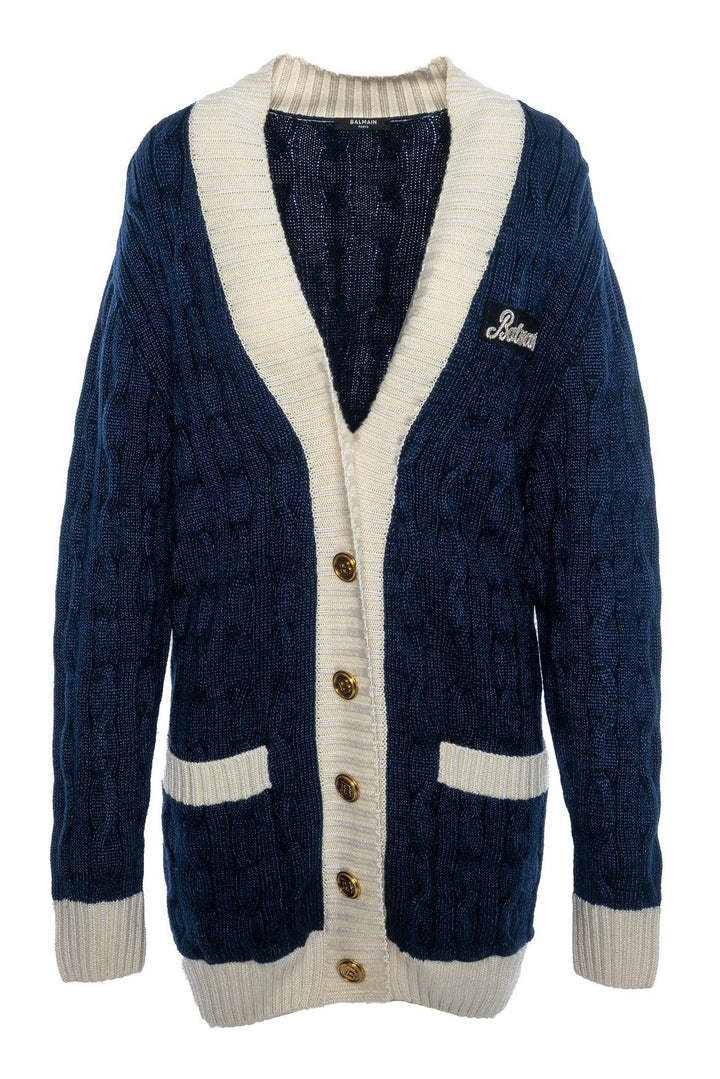 Balmain Size 40 Logo Patch Cableknit Cardigan