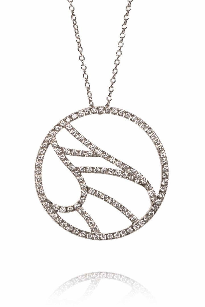 Damiani 18K White Gold Diamond Butterfly Wing Circle Pendant Necklace