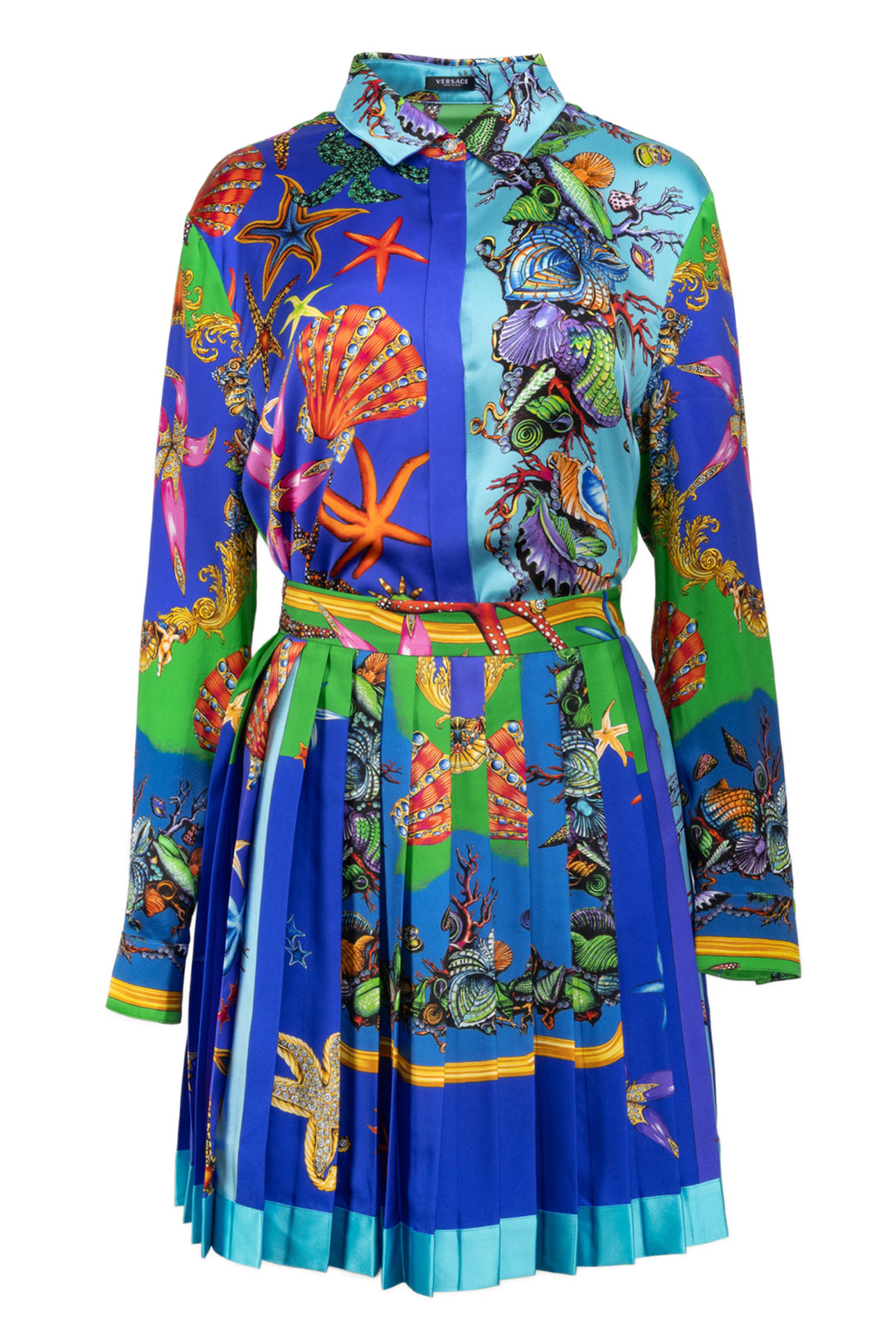 Versace Size XL Silk Ocean Print Blouse & Pleated Mini Skirt Set