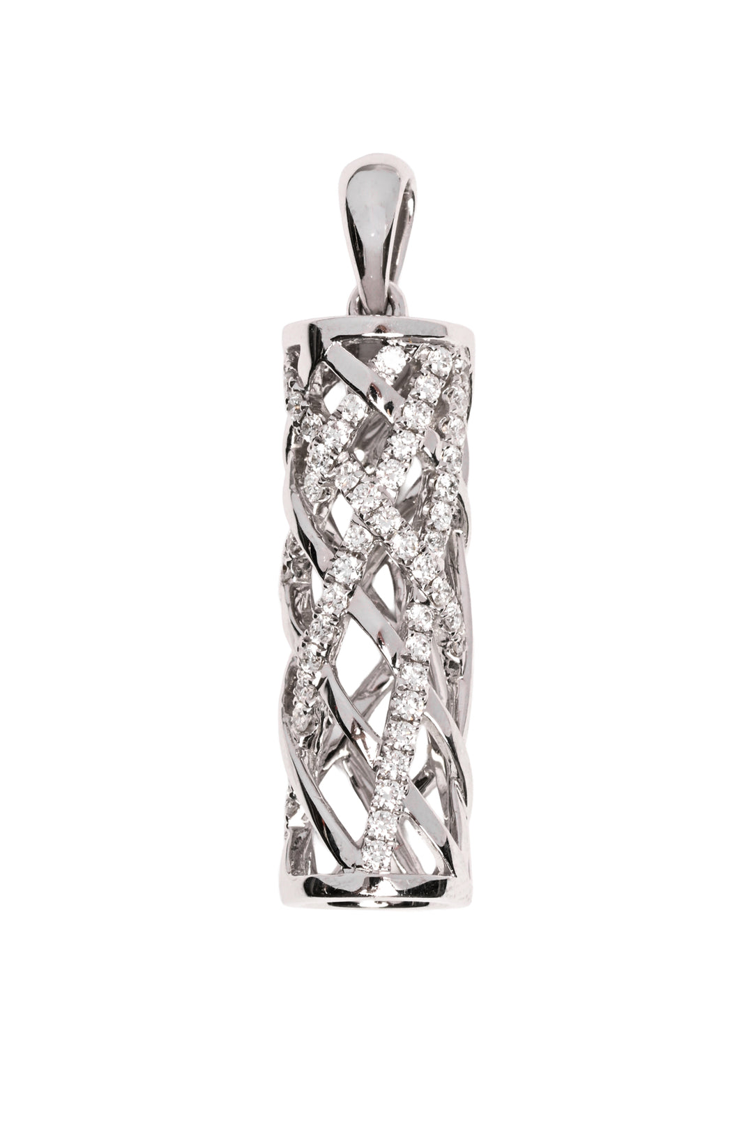 18K White Gold Micro Pave Set Diamond Open Lattice Cylinder Pendant