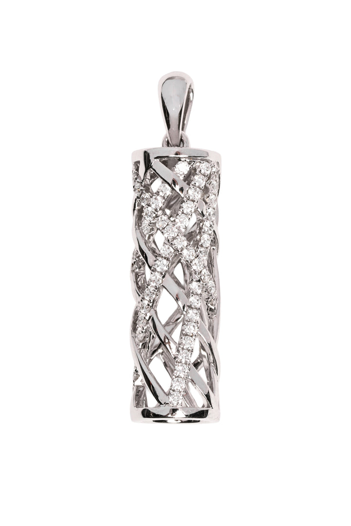 18K White Gold Micro Pave Set Diamond Open Lattice Cylinder Pendant