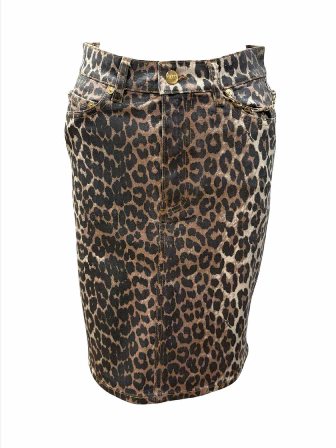 Ganni Size 34 Leopard Print Coated Denim Skirt