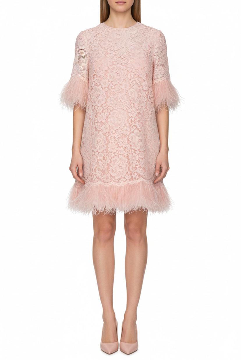 Dolce & Gabbana Size 48 Feather-Embellished Lace Dress