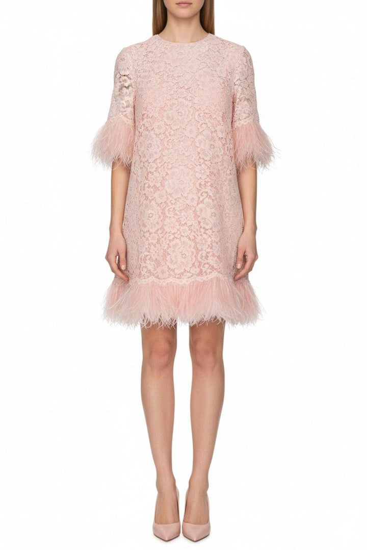 Dolce & Gabbana Size 48 Feather-Embellished Lace Dress