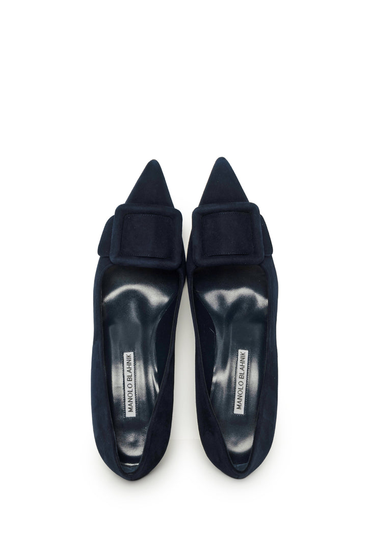 Manolo Blahnik Size 39 Navy Blue Suede Buckle Detail Pumps