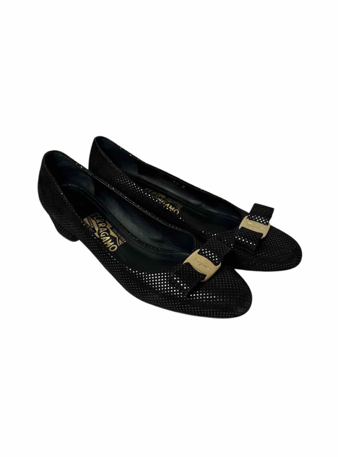 Ferragamo Size 8.5 Vara Bow Metallic Gold Dot Suede Pumps