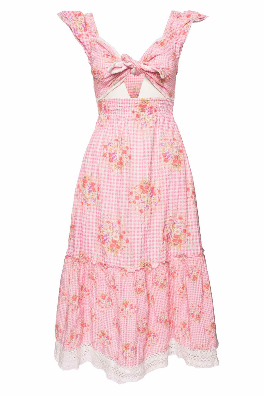 Love Shack Fancy Size XS Emeka Floral Gingham Seersucker Midi Dress