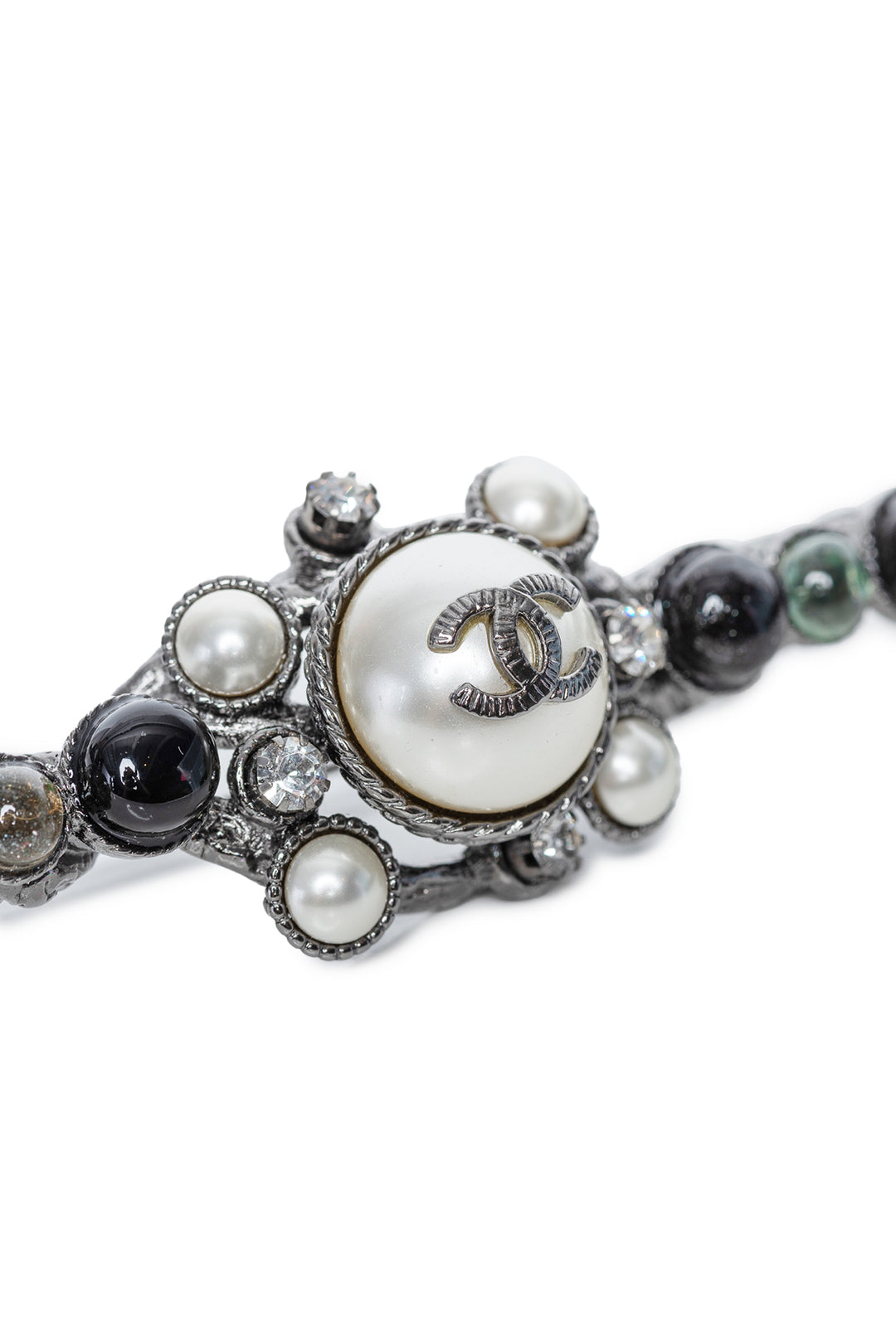 Chanel 2011 Faux Pearl & Strass Ruthenium Metal Bar Brooch