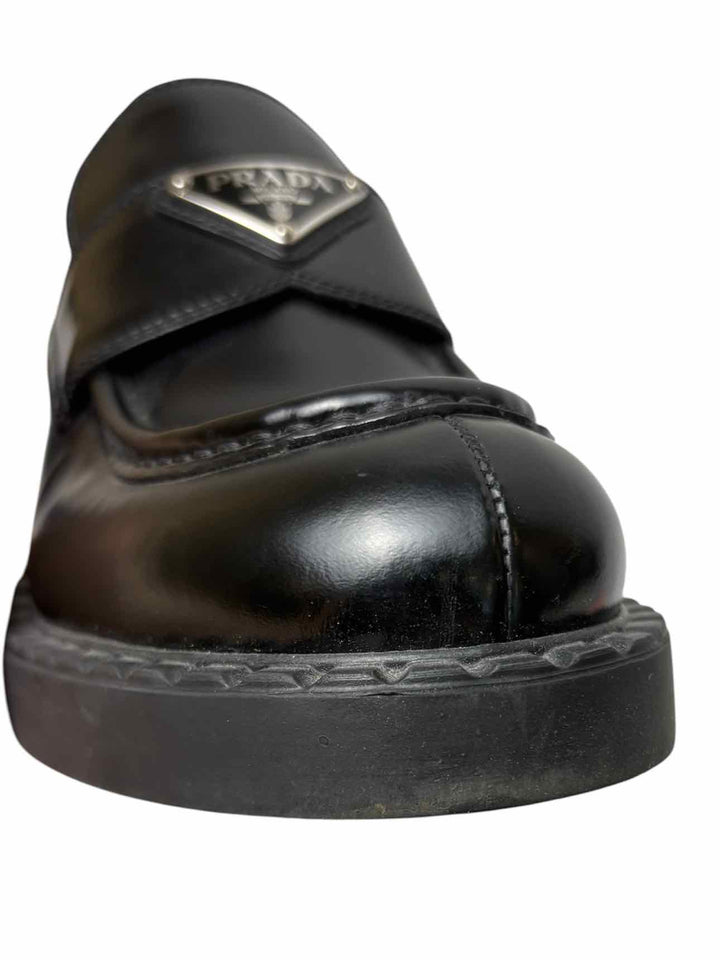 Prada Size 38 Brushed Leather Logo Loafers