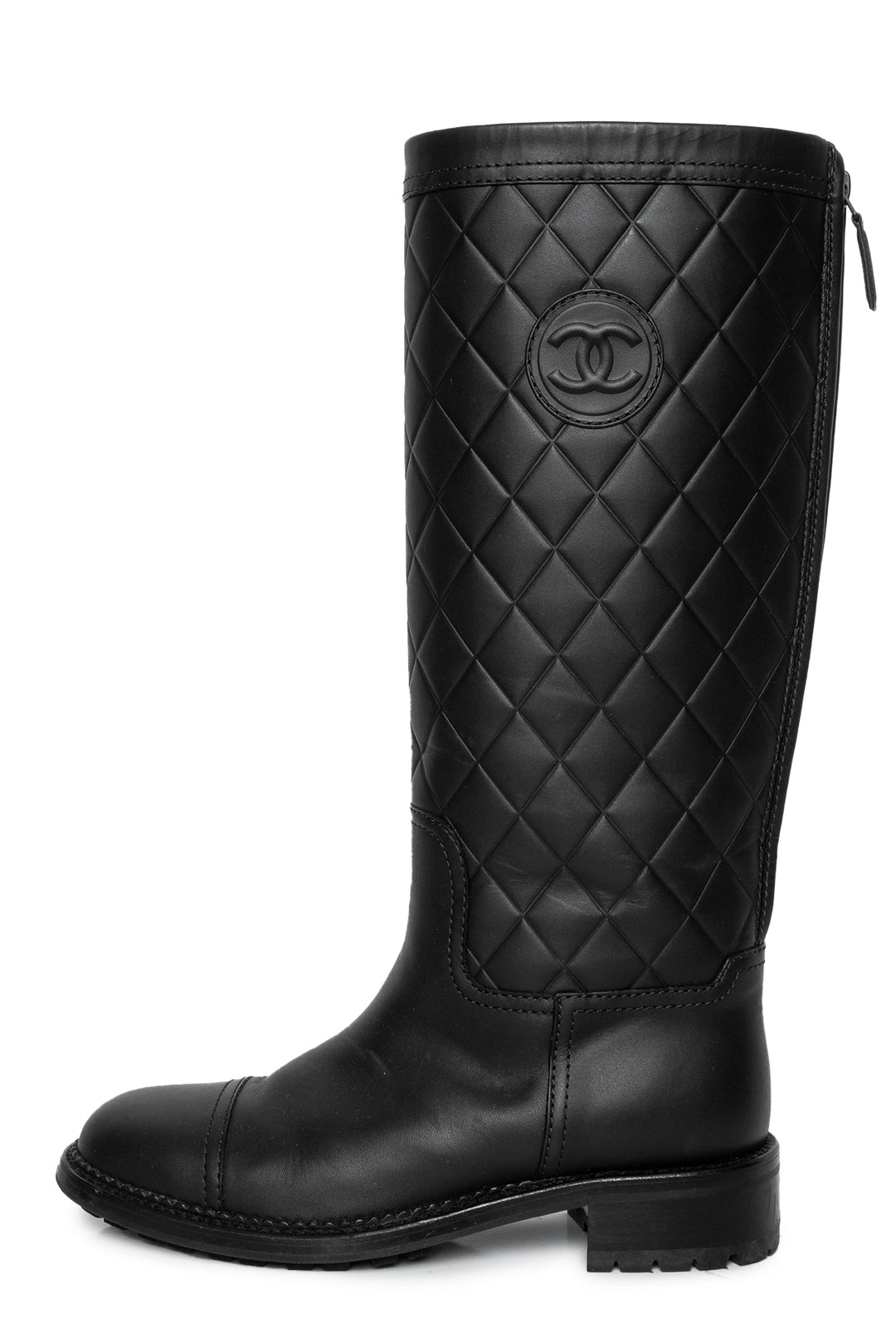 Chanel Size 37 Quilted Calfskin Leather Knee High Boots