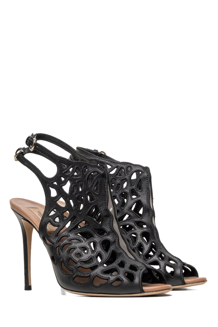 Valentino Size 39 Rose Laser-Cut Leather Slingback Sandals