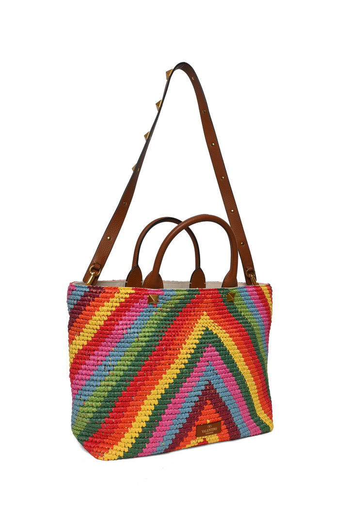 Valentino Roman Studded Chevron Raffia Rainbow Tote