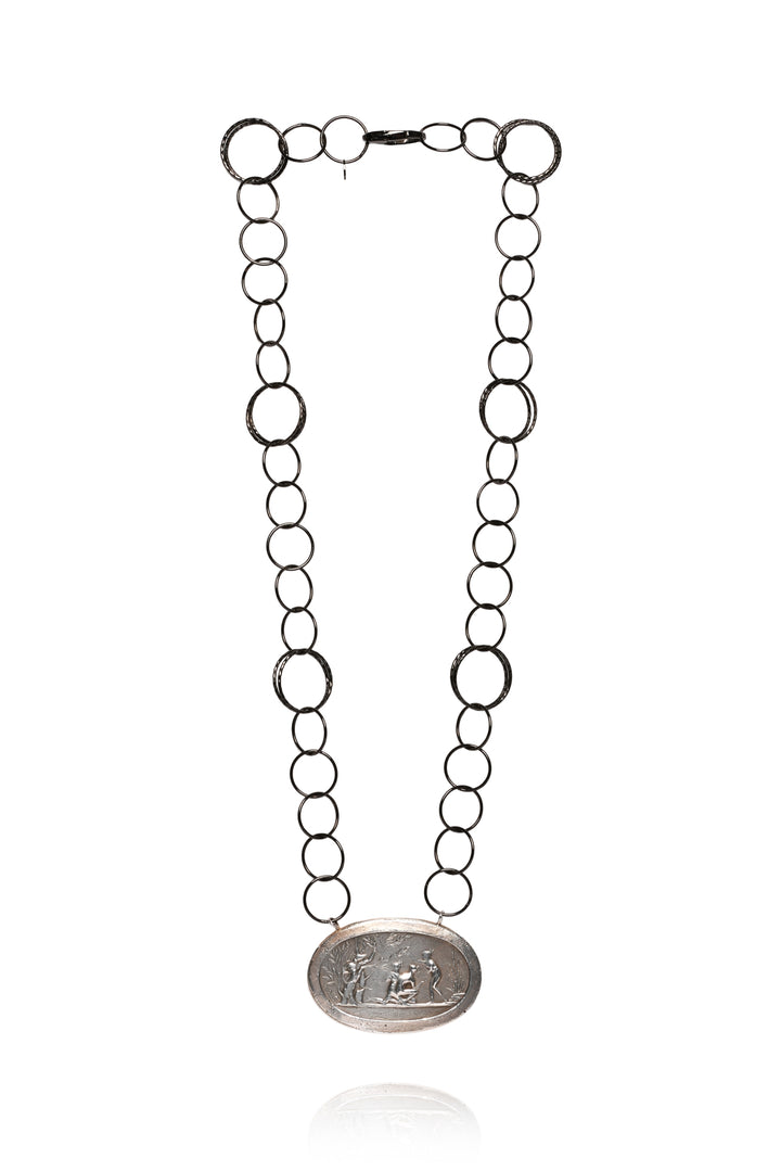 Pyrrha Large Oval Greek Mythology Pendant Circle Link Chain Necklace