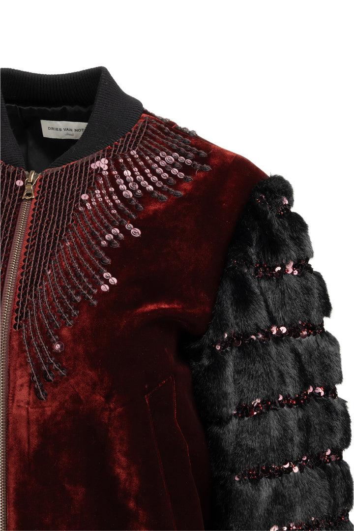 Dries Van Noten Size S Sequin Embellished Velvet & Faux Fur Bomber Jacket