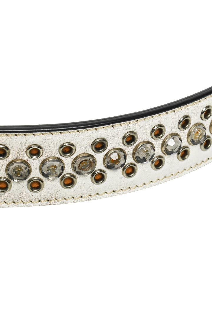 Prada Size 36 Grommet & Crystal Accent Aged Leather Belt