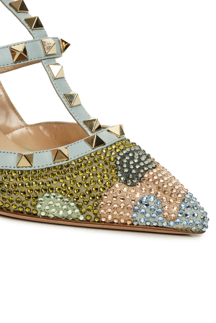 Valentino Size 38 Crystal Camouflage Rockstud Ankle Strap Pumps