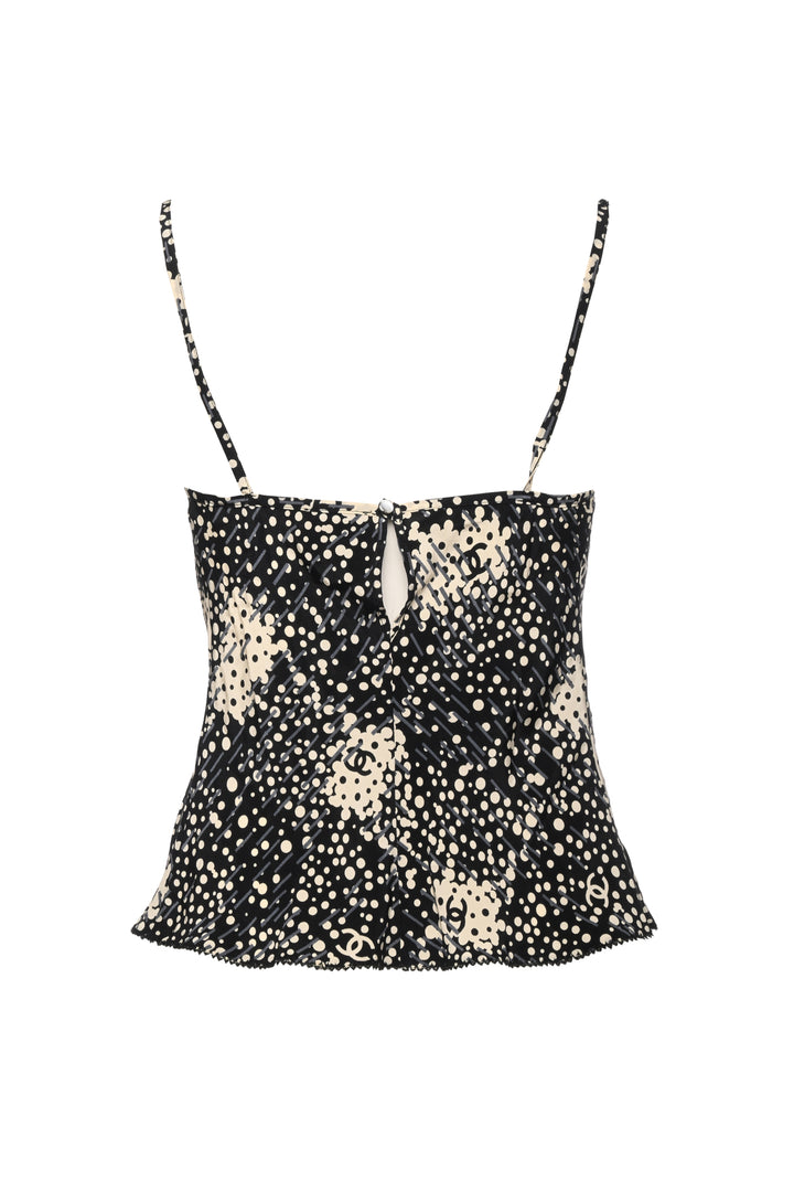 Chanel Size S 2002 Embellished Trim CC Logo & Polka Dot Silk Tank Top