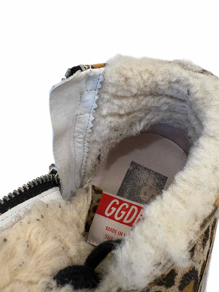 Golden Goose Size Slide Distressed Shearling Lined Leopard Print Suede Sneaker