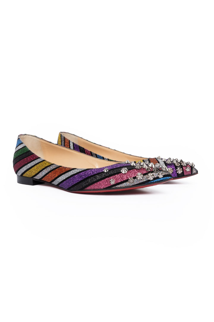 Christian Louboutin Size 38 Drama Rainbow Striped Spiked Leather Flats