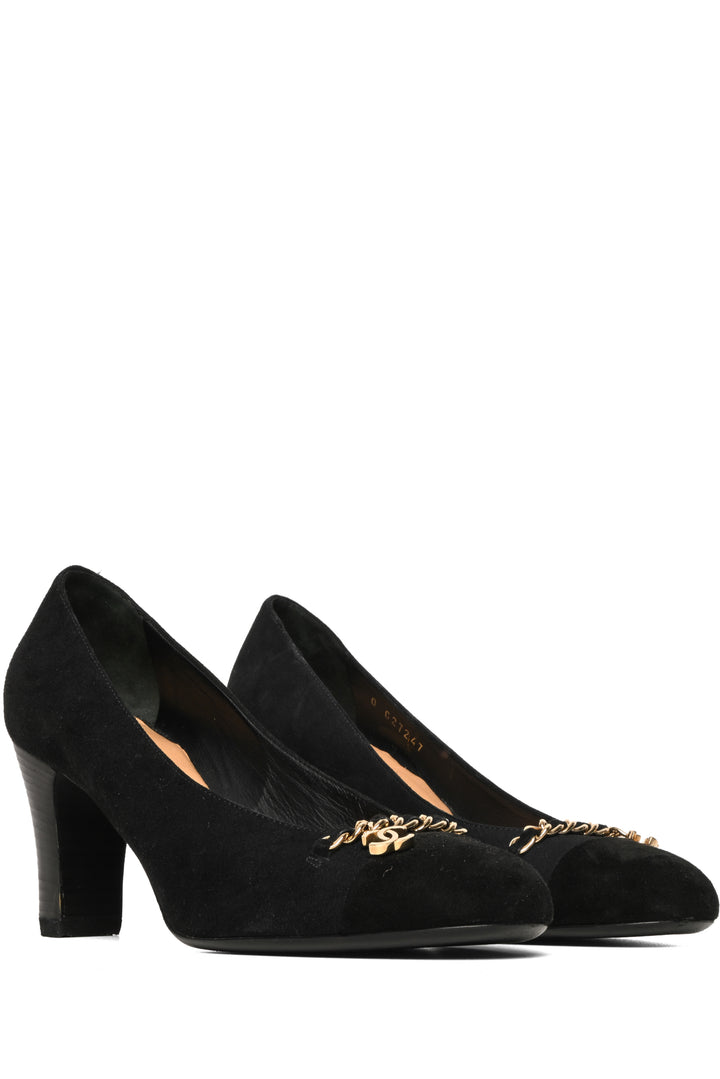 Chanel Size 37.5 Vintage CC Chain Link Cap Toe Pumps