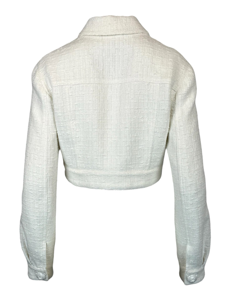 Moschino Couture Size 8 Tweed Teddy Button Detail Crop Jacket