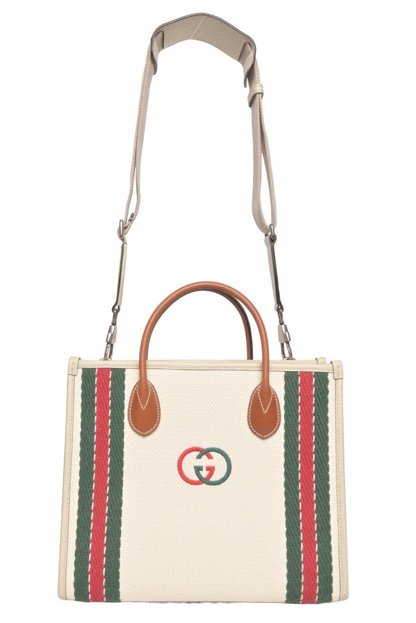 Gucci Interlocking G Embroidered Web Trim 2way Canvas Tote