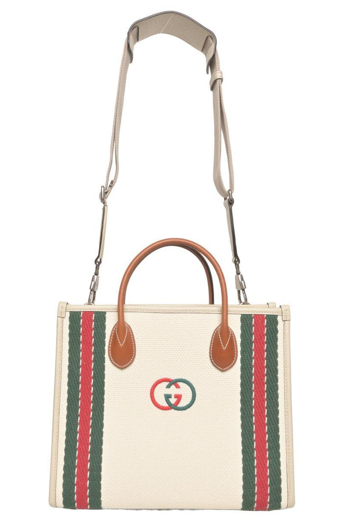Gucci Interlocking G Embroidered Web Trim 2way Canvas Tote