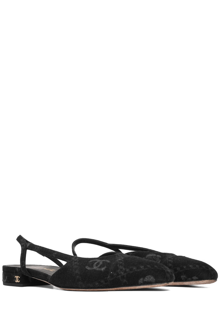 Chanel Size 37.5 Denim Printed Cap Toe Slingback Flats
