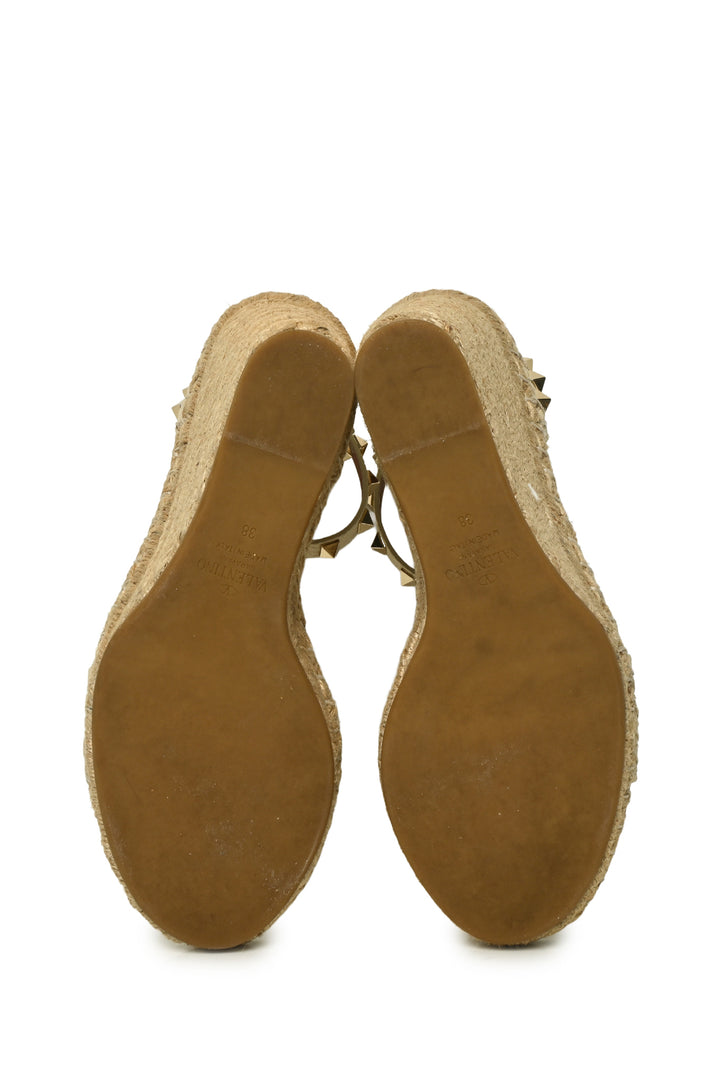 Valentino Size 38 Rockstud Leather Espadrilles Wedge Sandals