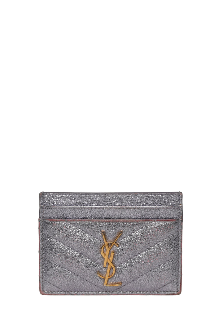 Saint Laurent 2016 Metallic Crackled Matelasse Chevron Monogram Card Holder