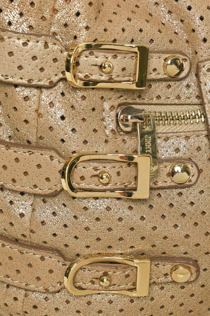 Jimmy Choo Bardia Perforated Metallic Suede Buckle Strap Hobo Shoulder Bag